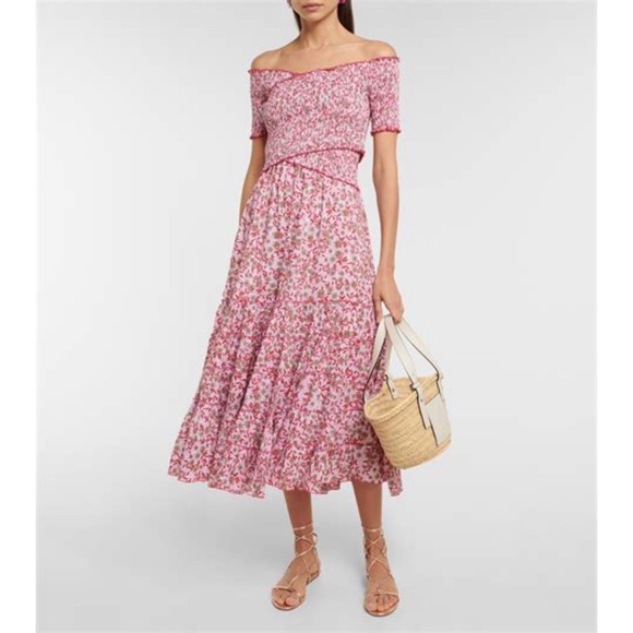Poupette St Barth Soledad Smocked Midi Dress Pink Damask Floral Off Shoulder - Picture 2 of 16